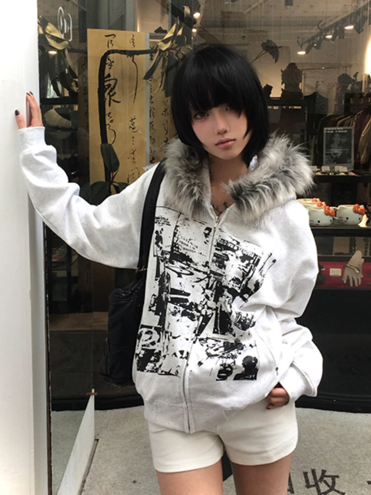 

Subculture Faux Coats Women Graphic Jacket with Hooded Fleece Fur Hoodie Edgy American Retro Street Style and Y2K Fashion Top