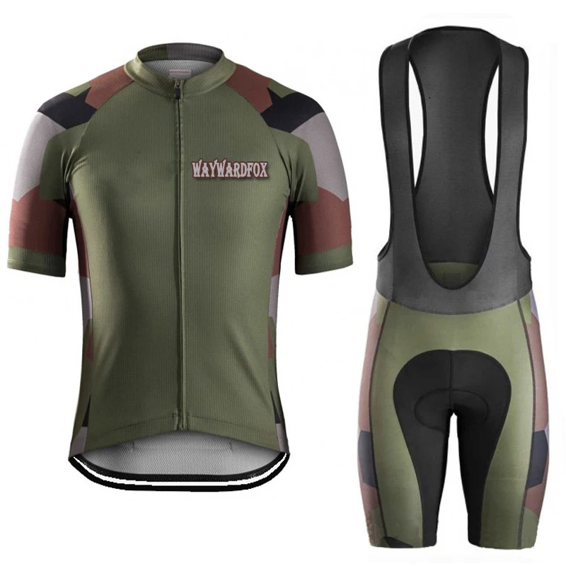 NEW Army Green Camouflage Cycling Jerseys Short Sleeve Sets Bicycle Clothing Black Bib Pants Bike Wear