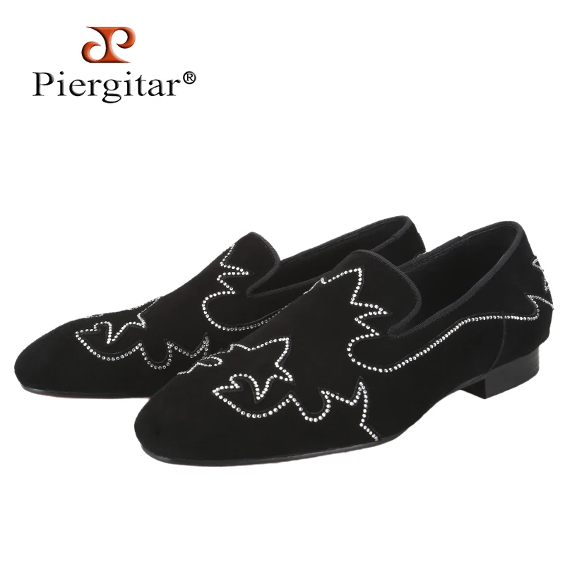 Piergitar 2025 SS Hand-Stitched Custom Crystals Embellishment Men's Loafers Black Cow Suede Classic Slip-On Moccasins Red Sole
