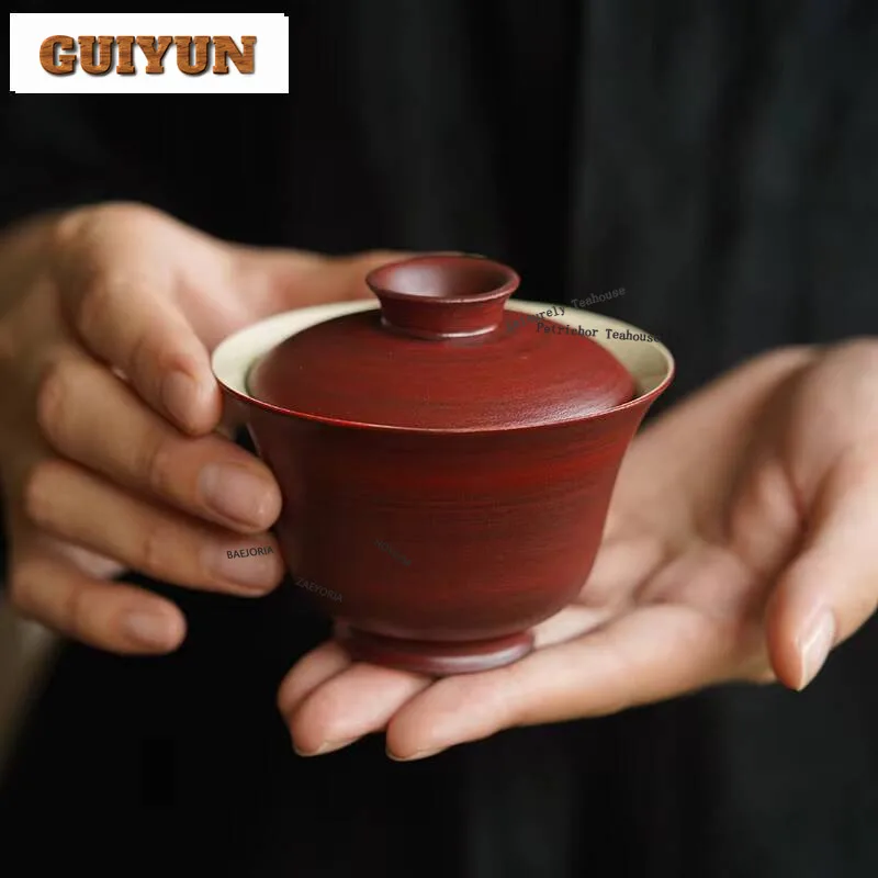 HOYIHM 120Ml Hawthorn Red Cover Bowl Japanese Coarse Pottery Aesthetic Anti Scald Gaiwan Teacup Tea Brewing Items Ornaments