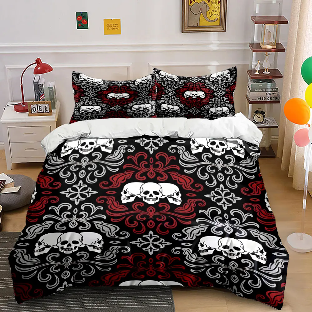 Skull Pattern Gothic Decor Set Bedding Set with 1 Duvet Cover 2 Pillowcases Single Double King Queen, Gift