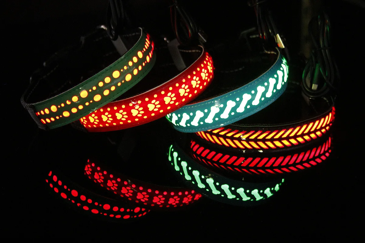 Led Dog Collar Luminous Collar USB Chargeable Pet Collar PU Leather Engraved Design Adjustable Night Light Collar for Dogs