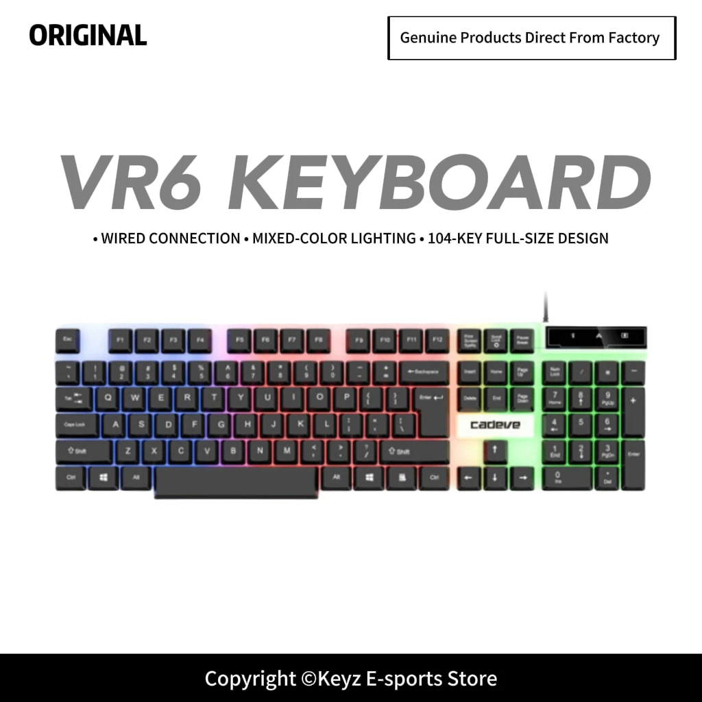 Teclado Gamer USB com Fio VR6, 104 Teclas, Retroiluminação de Cores Mistas, Teclas Suspensas para Escritório/Jogos
