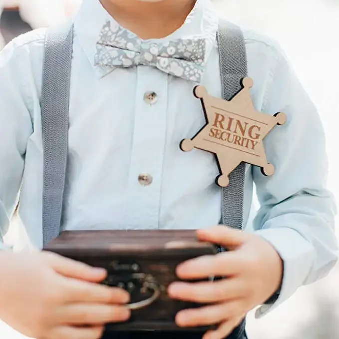 2pcs Wooden Ring Security Badge Hexagonal Star Wood Decorations for Flower Girl Boy Wedding Supplies