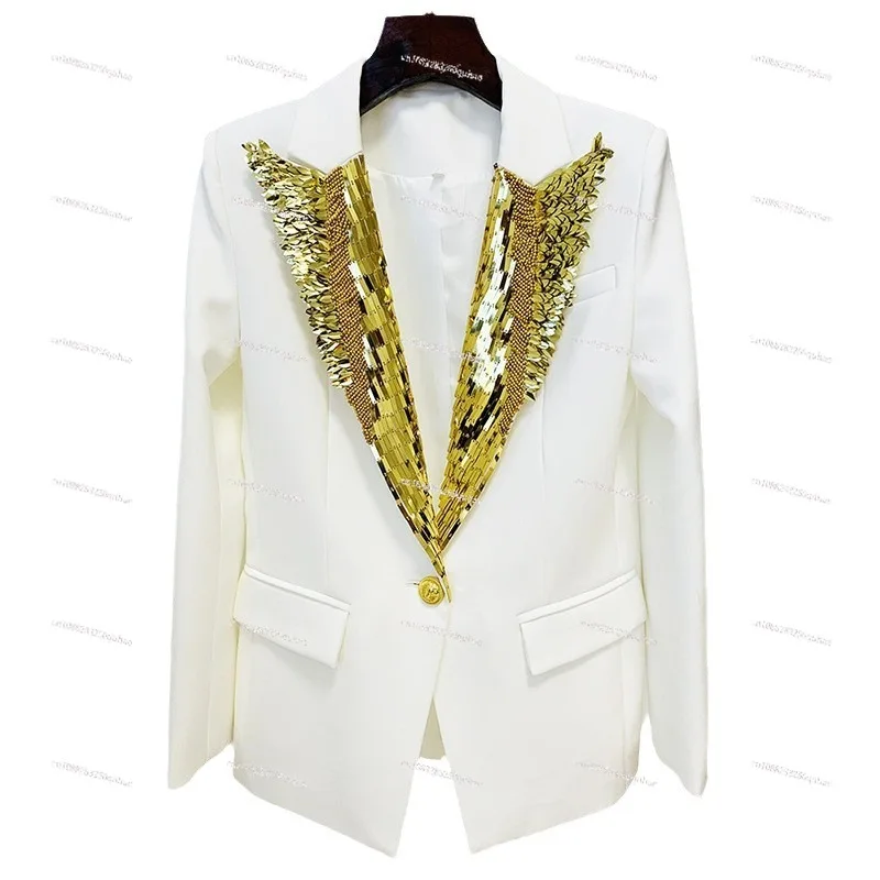 

Star Fashion Heavy Industry Metal Sheet Beads One Button Slim Fit Blazer Jacket