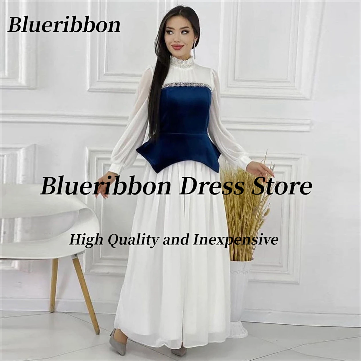 

Blueribbon Contrast Color Prom Dresses High Collar Beaded Long Sleeves Saudi Party Ladies Wear A Line Formal Evening Gowns