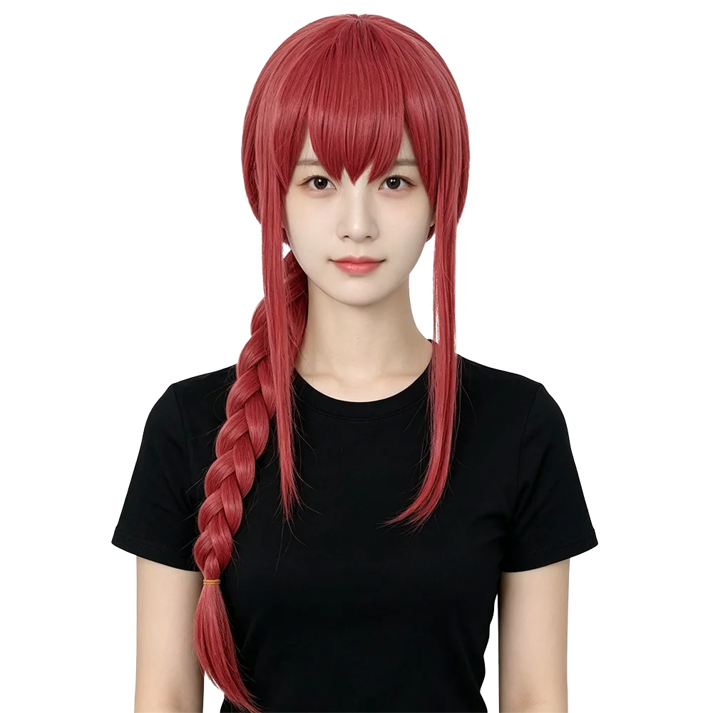 

Rose Red Single Braid Wig 75cm Long Waist Length with Wispy Bangs Heat Resistant Synthetic Cosplay Wig For Women Comic Con Party