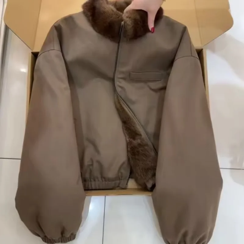 Fur Collar Imitation Sable Liner Parkas 2026 Autumn Winter Short Fur Thick Warm Coat Women Temperament Fluffy Fleece Outwear