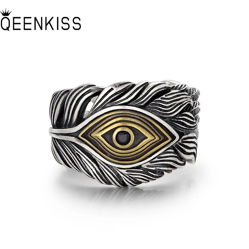 QEENKISS 925 Sterling Silver Vintage Feather Eye Rings for Men Birthday Wedding Party Christmas Father Groom Boy Gifts RG7088