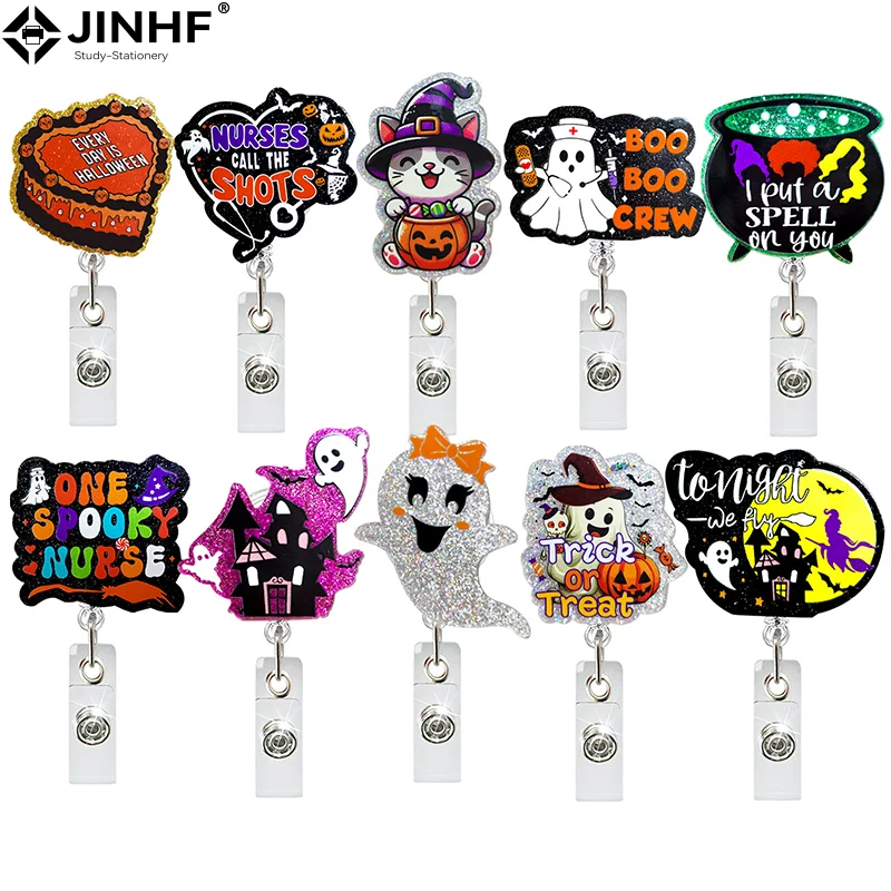 2pcs Acrylic Glitter Halloween Ghost Pumpkin Cat Retractable Badge Reel Rotating ID Badge Holder Crocodile Clip for Doctor Nurse