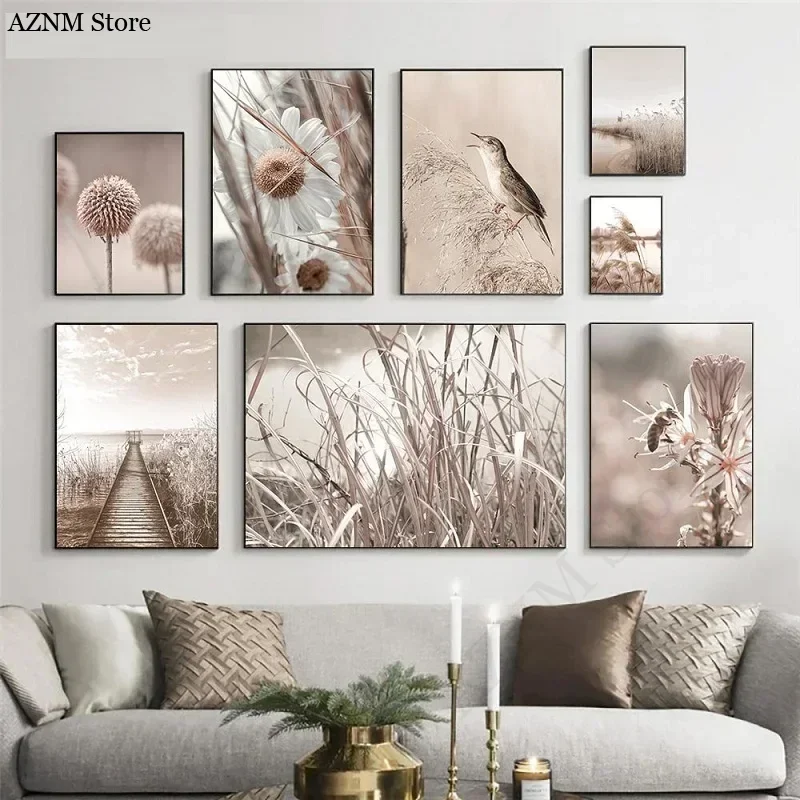Nordic Beige Landscape Art Reed Hay Poster Bridge Bird Consumption Ox Fox Poster Print Wall Art Pictures Canvas Painting