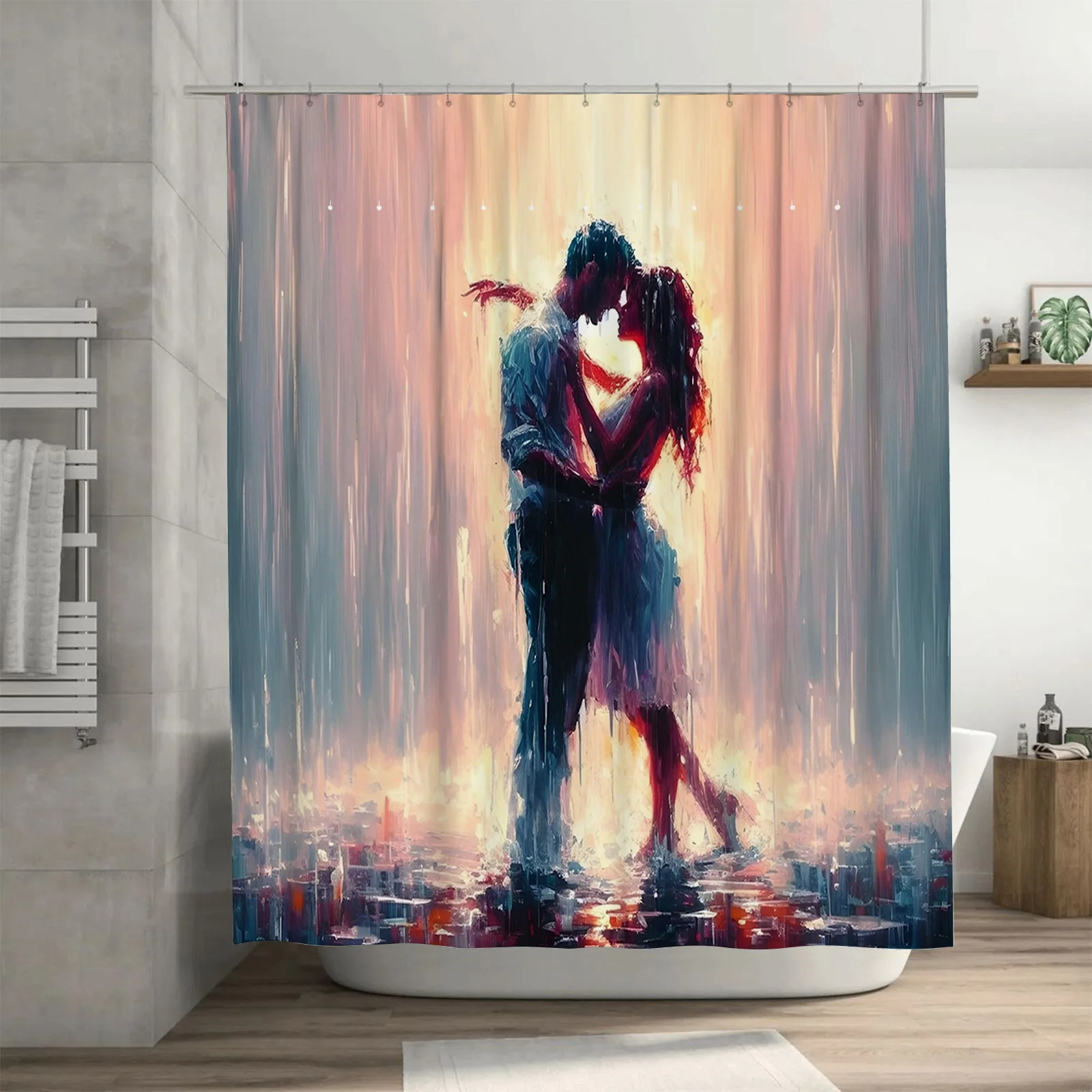 Rainy Day Passionate Couple Hugging and Kissing Shower Curtain, Artistic Design for Bathroom Decor, Adds  Charm to Your Home