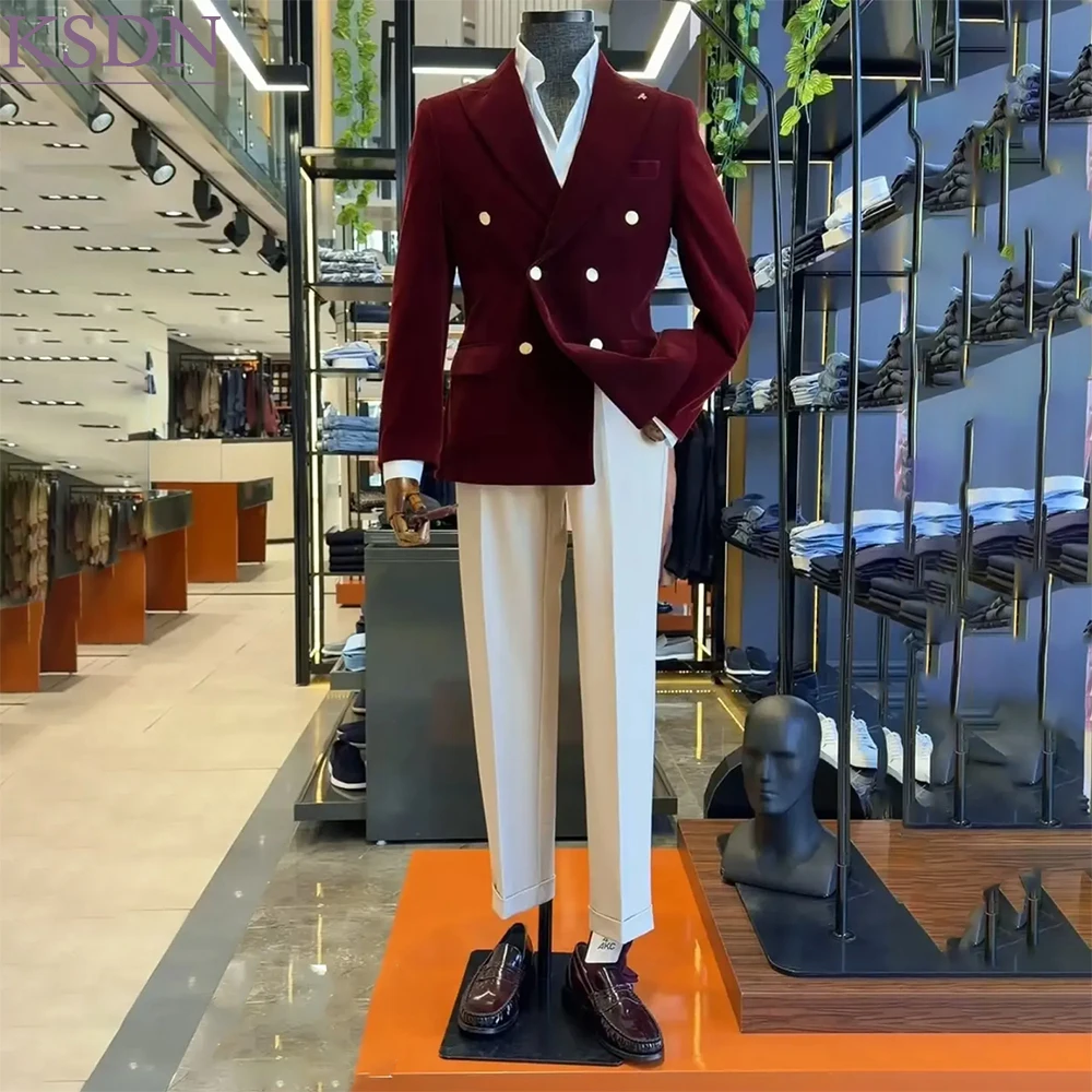 Luxury Wedding Men's Suits High Quality Double Breasted Burgundy Velvet Blazer With White Pants 2 Piece Wedding Male Clothing