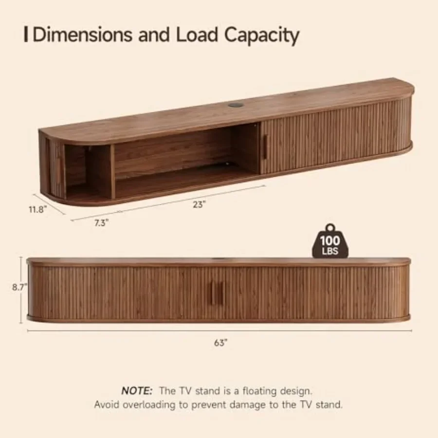 63 Floating TV Stand with Power Outlet for TVs up to 75, engineered wood, matte black, space-saving wall-mounted design with ca