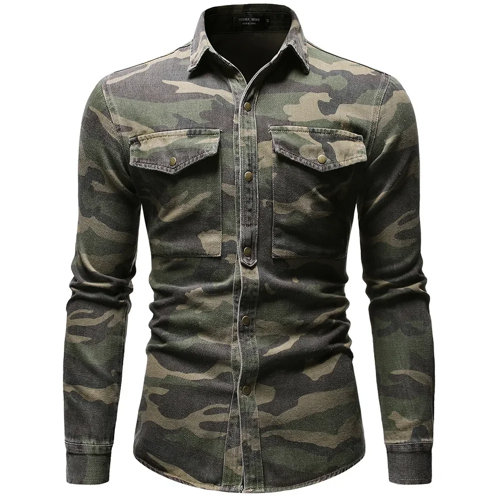 

2023 Spring and Autumn Men's Army Green Camo Denim Shirt Outdoor Mountaineering Denim Top