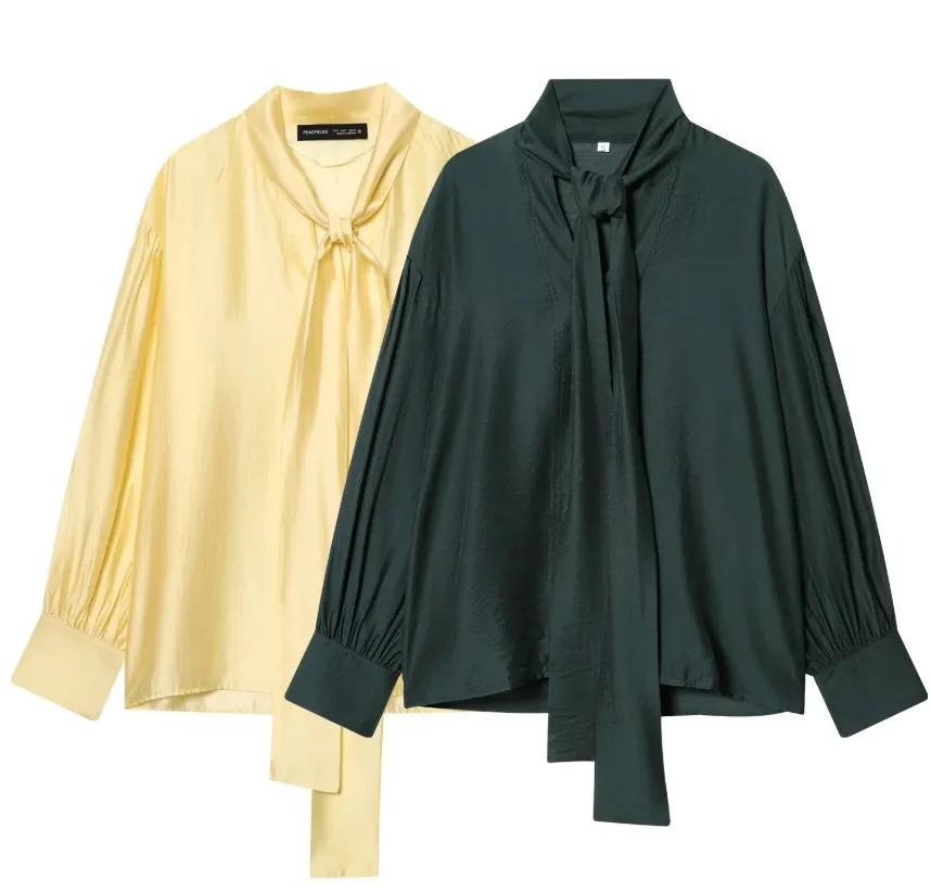 

European and American 2026 spring new women's casual and simple solid color long-sleeved satin bow-decorated shirt