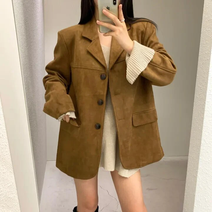 Chic Vintage da donna in pelle Jaet allentato dimagrante bottone singolo sentimenti di fascia alta pelle di cervo abito in velluto Top Quali Faion
