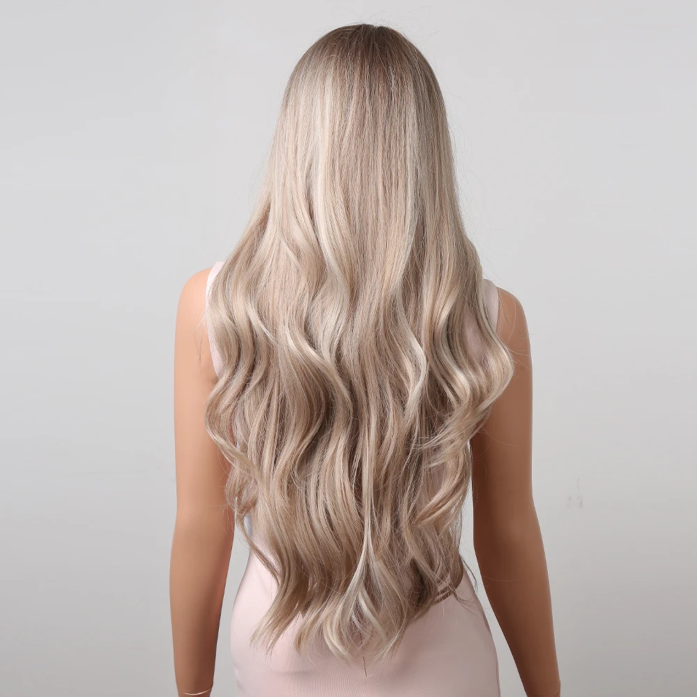 Platinum Blonde with White Highlight Dark Roots Synthetic Hair Wigs Long Wavy Cosplay Wig Heat Resistant