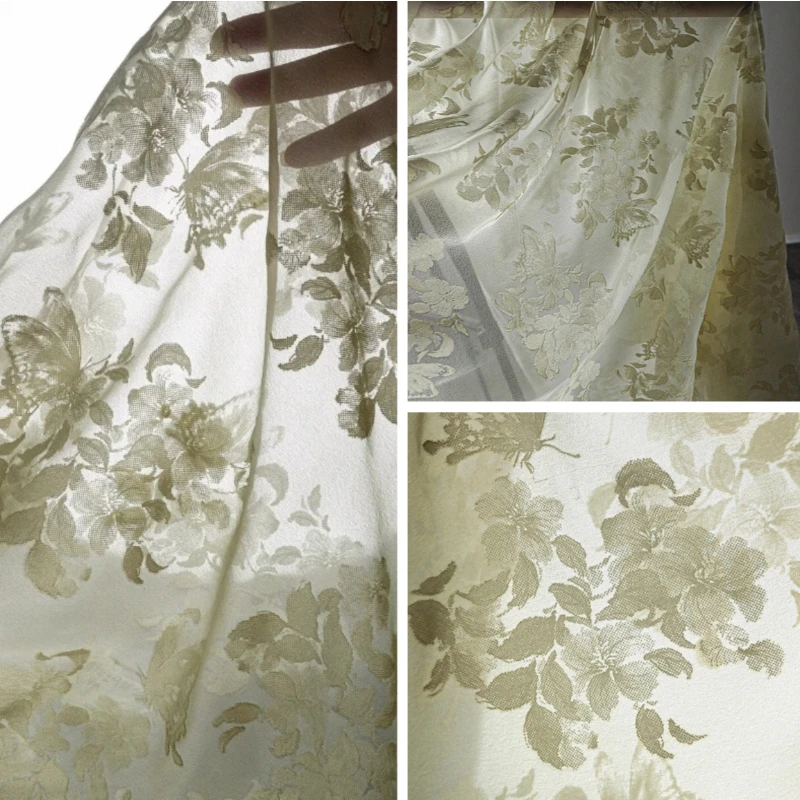 

Plant Flower Embroidery Texture Light Yarn Fabric Apricot Dress Semi Transparent 3D Relief Han Clothing Designer Fabric
