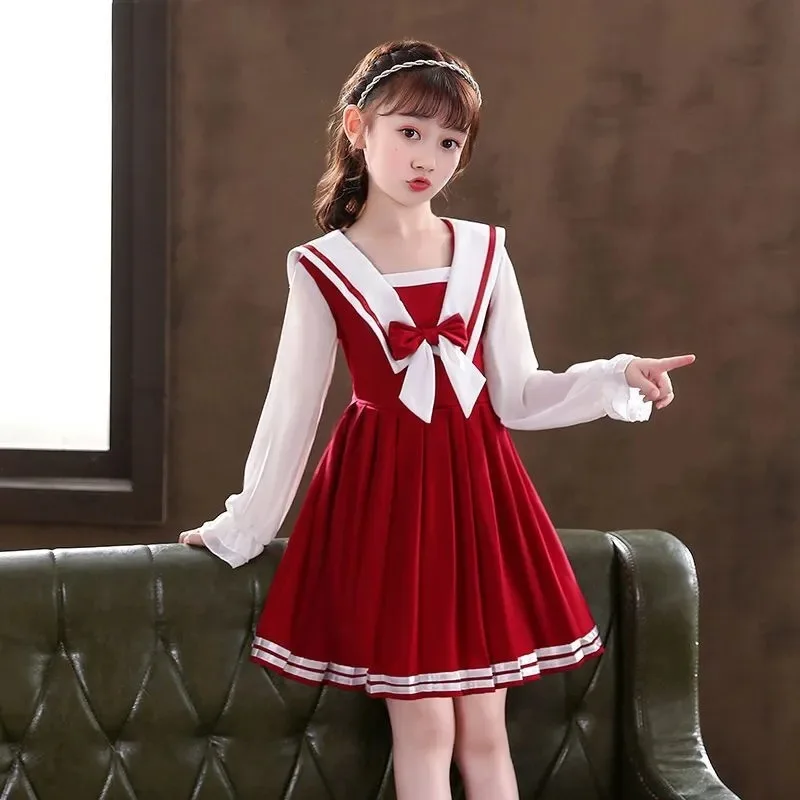 2026 summer New retro Girls long party sailor Dress V NECK bow Collar Teens striped JK Patchwork Clothes Toddler 4 14 10 12 year