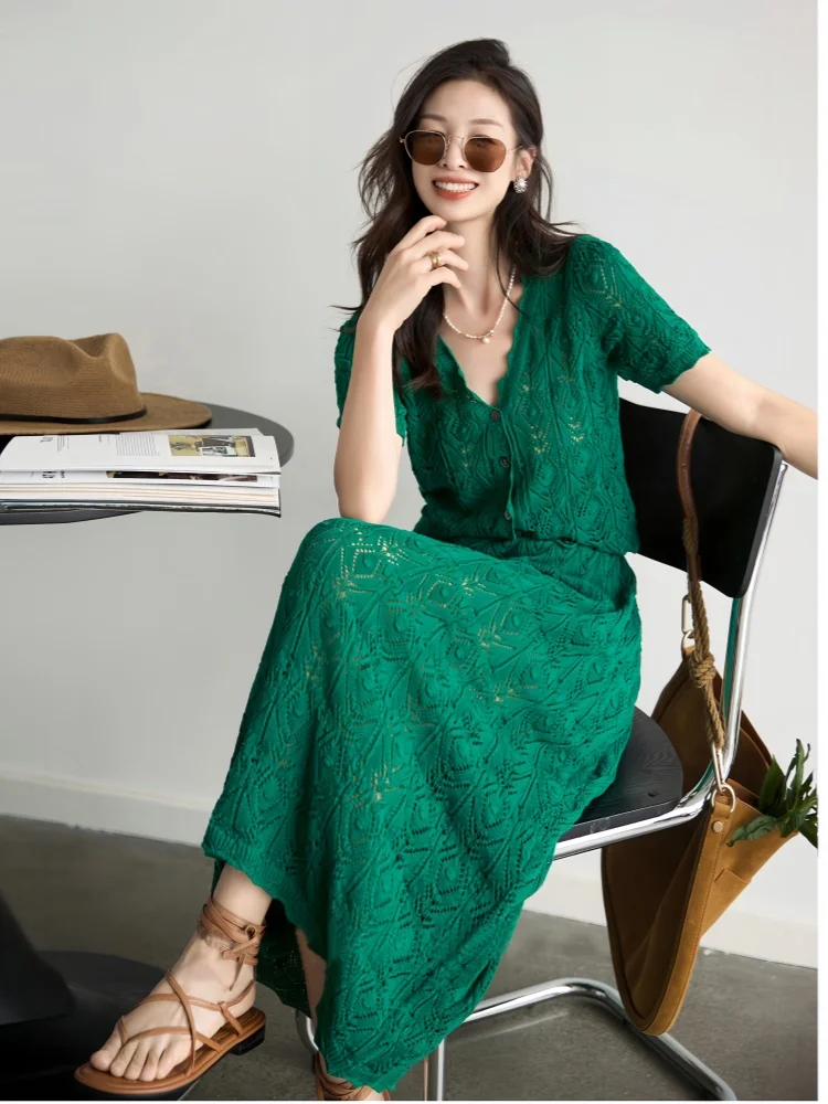 

Small Fragrance Style Summer New Knitted Hollow Out Short Sleeve Top Two-Piece Set Women's Retro High End Long Skirt Outfits