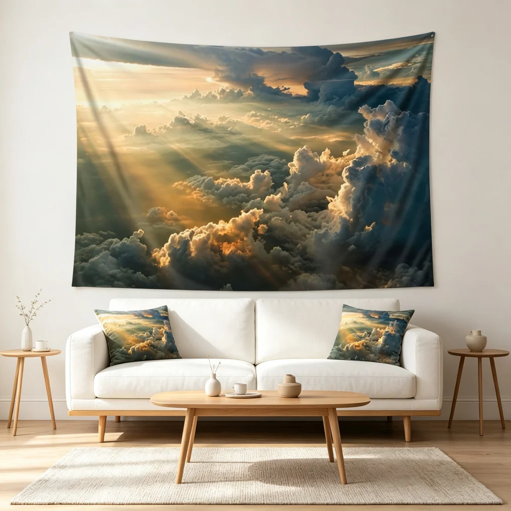 1PC Sky Cloud Sunlight View Art Print Backdrop Banner, Bedroom Living Room Photo Background, Polyester, Home Decor, Wall Art