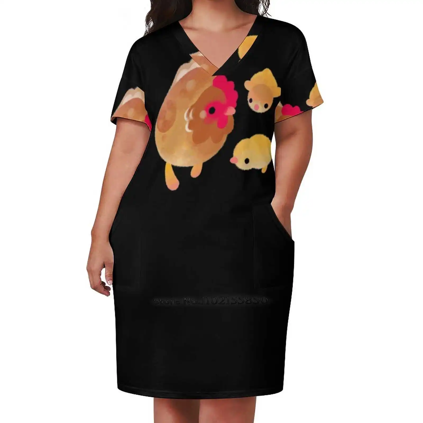 Chicken And Chick Loose Pocket Dress Women'S Printed Dresses V Neck Casual Dress New Design Chicken Chicken Breed Chick Pikaole