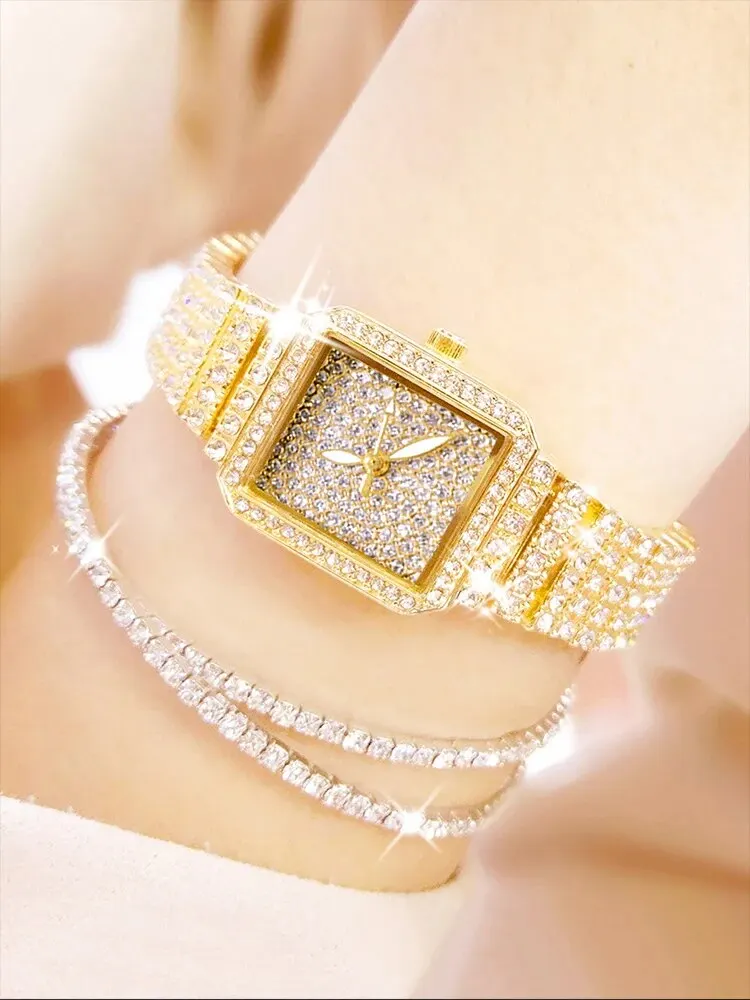 3pcs Fashionable and Luxurious Full Diamond Rectangular WOMEN\'S Steel Band Quartz Wristwatch with Diamond Inlaid Hand Set