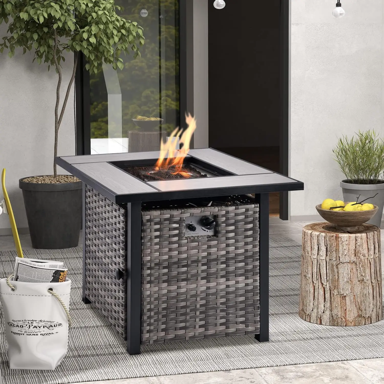 

Fire Pit Table 30 inch Outdoor Square Gas with Lid,50000BTU,Propane Fire Pit Table Wicker Rattan Patio Dinning Table Grey Wicker