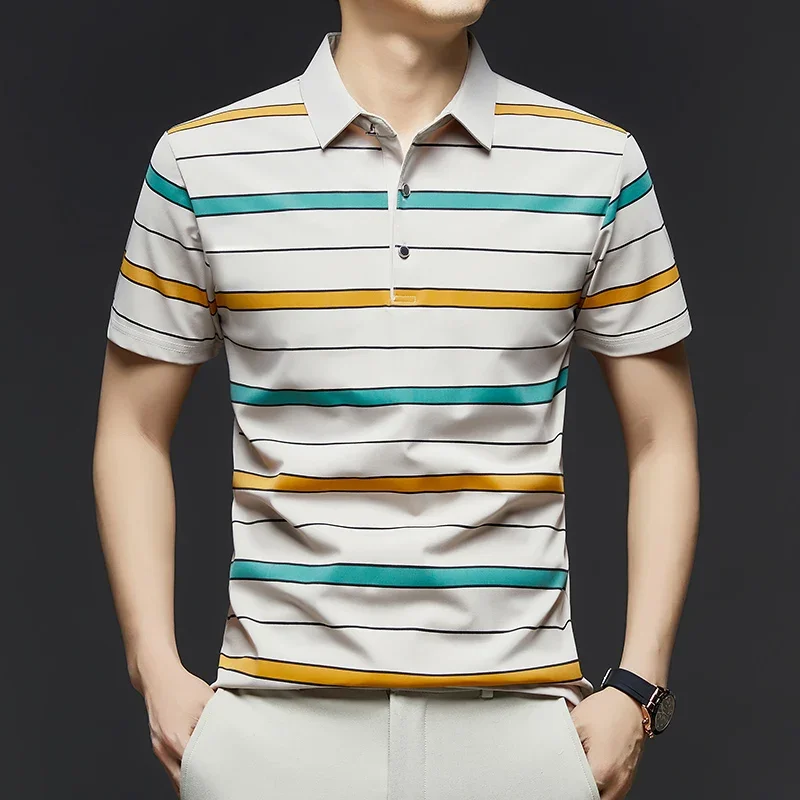 

Бренд BROWON 2025 летние рубашки поло, дизайнерские мужские рубашки поло с короткими рукавами и лацканами на пуговицах, умные повседневные полосатые топы для мужчин