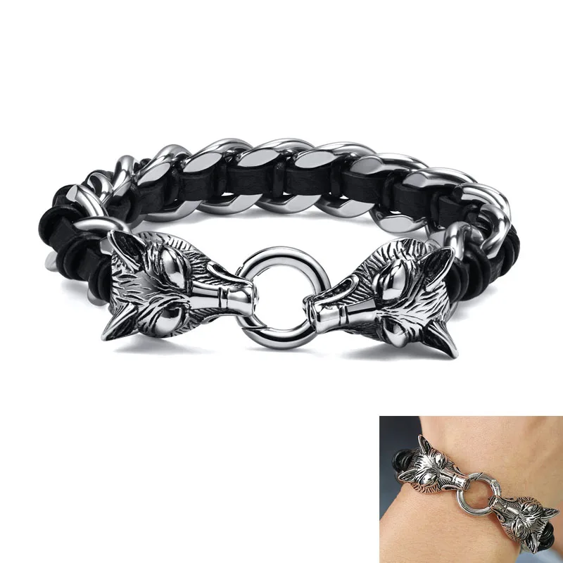 Punk Stainless Steel Mens Wolf Head Chain Bracelet Interwoven with Black Genuine Braided Leather Bracelet for Male Birthday Day