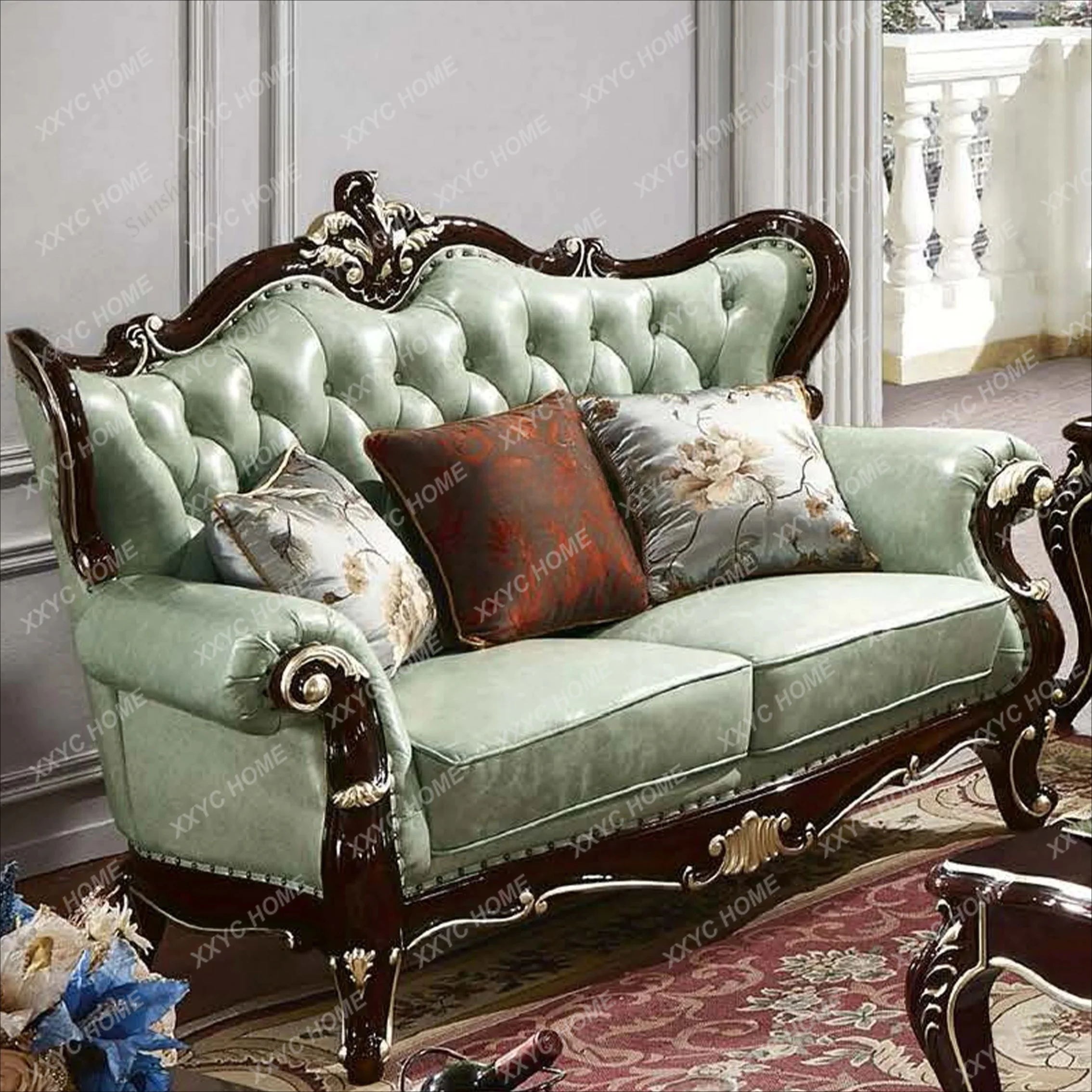 Luxury Classic Home Furniture Living Room Couch Carved Wood Frame Leather Upholstered 1 2 3 Seats Sectional Sofa