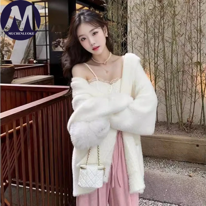 

Cardigan for Women Autumn Winter New Imitation Mink Fur Long Sleeve Hooded Sweaters Korean Fashion Casual Loose Knitted Cardigan