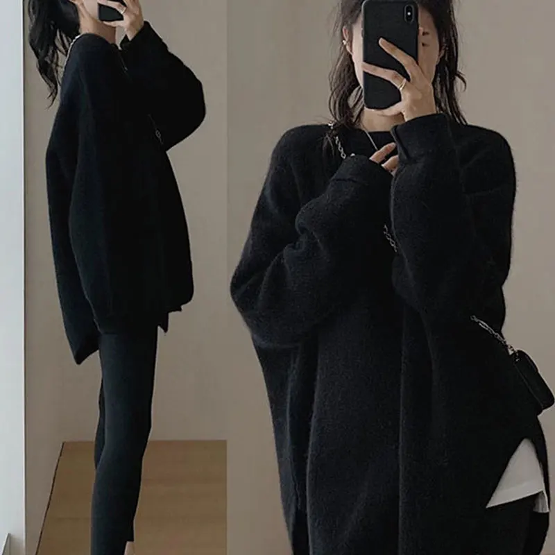 Elegant Fashion Harajuku Slim Fit Female Clothes Loose Casual All Match Tops Women Solid O Neck Insert Long Sleeve Sweaters