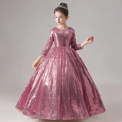 New Girls' Dress Sequin Beaded Sparkling Youth Dress Christmas Party School Graduation Party Piano Performance Long Dress