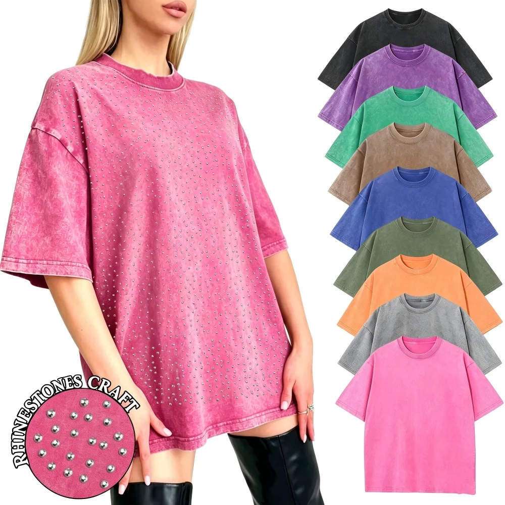 Sommer Baumwoll-Washed-T-Shirts für Damen, Hip-Hop Loose-Fit T-Shirt mit Strass-Verzierung, Kurzarm, Bequeme Mehrfarbige Damen-Oberteile