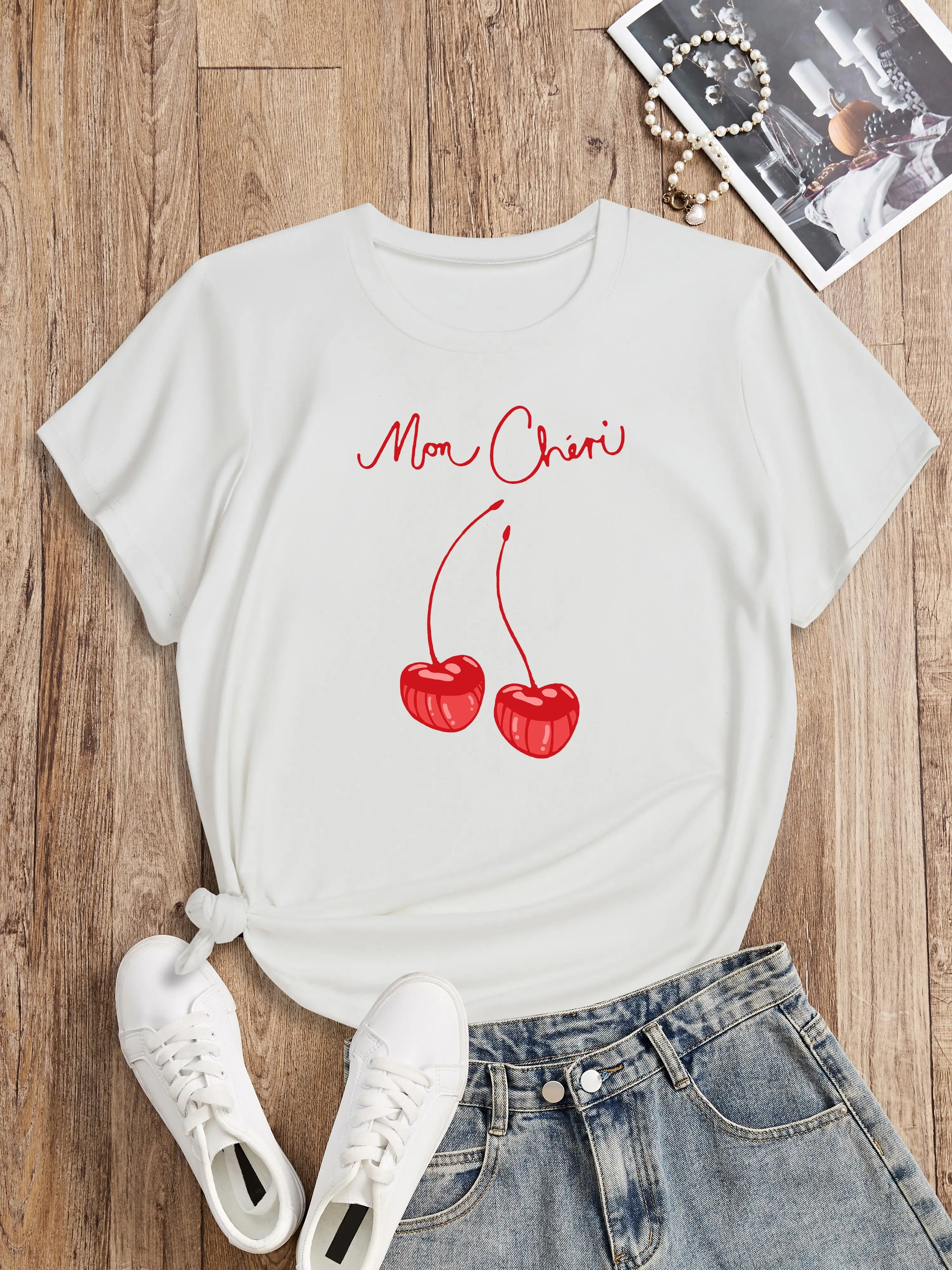 Top casual de gola curta feminina, camiseta com estampa cereja, roupas de primavera e verão