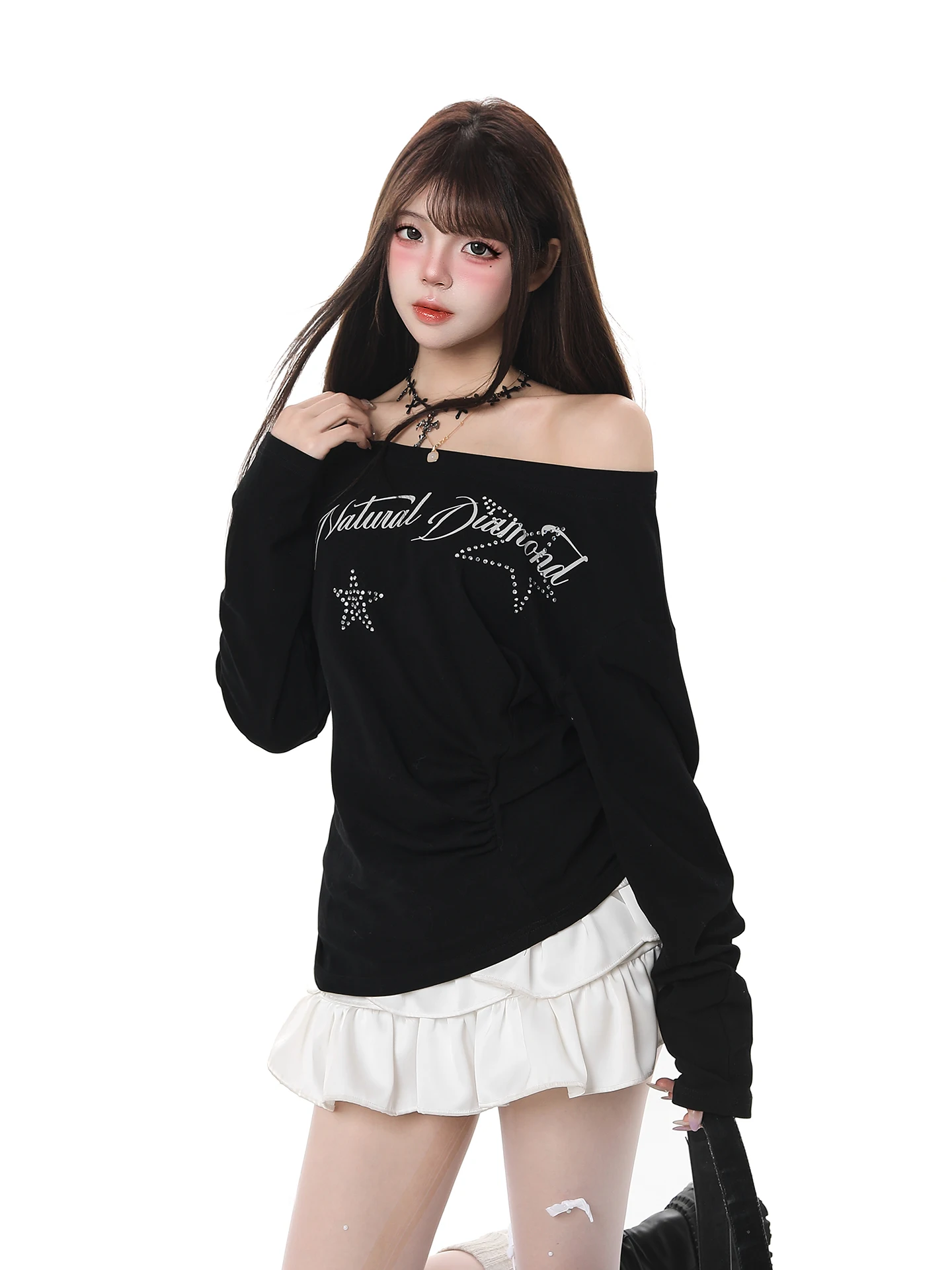 American Style Long Sleeve T-Shirt Women Slim Fit Shoulder Bared Casual Wear Double Sided Wear Spring New Style