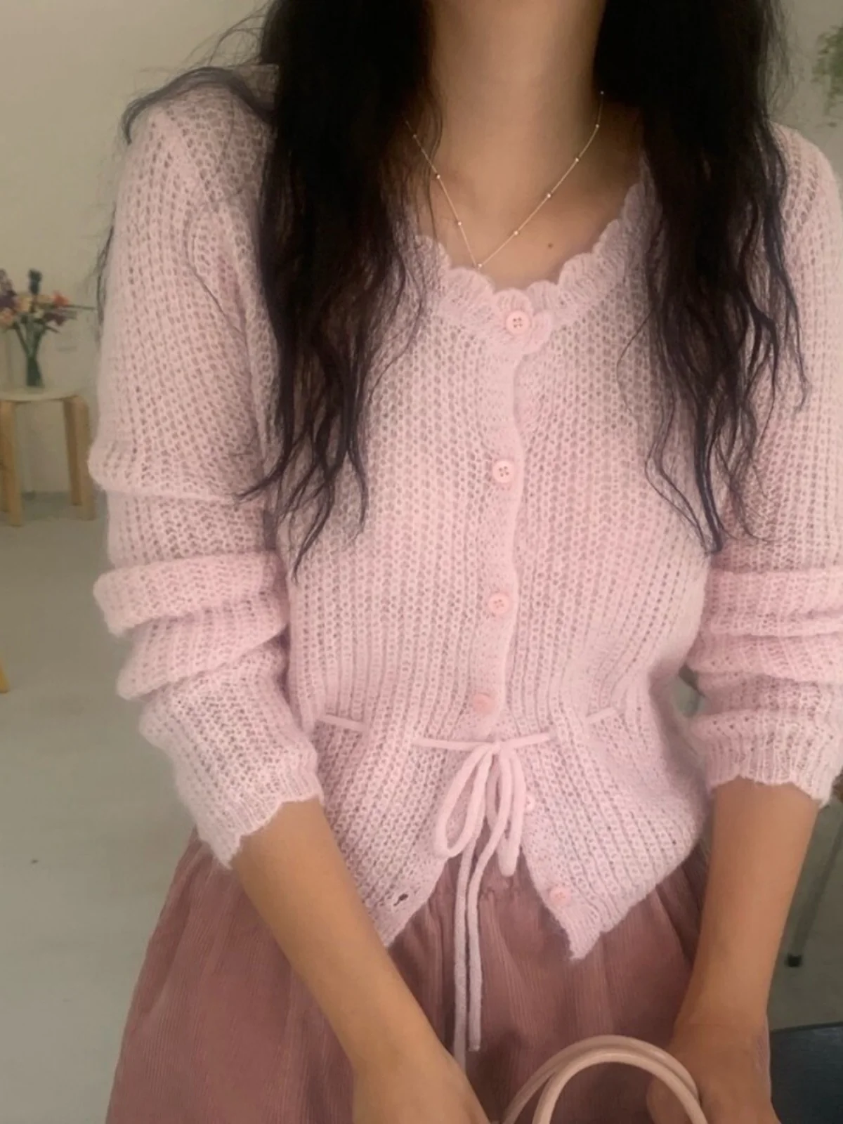 

Sweet Knitted Open Cardigan Women's Autumn Faion New Sle Youthful Single Button Tie Belted Lace Trim Sweater Small Jaet