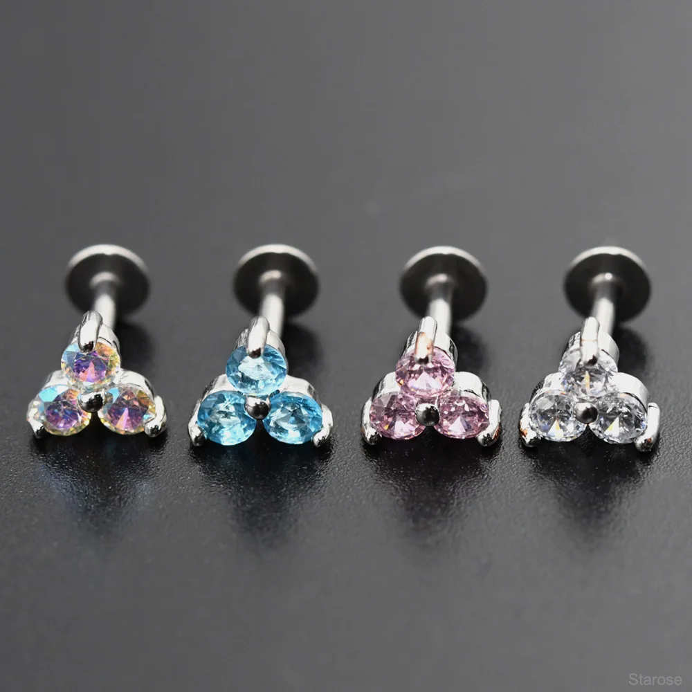 2Pcs 1.2x6/8mm Three-Gem Nose Stud Ear Piercing Labret Stud Flat Back Stainless Steel Conch Helix Piercing Cartilage Earring 16G