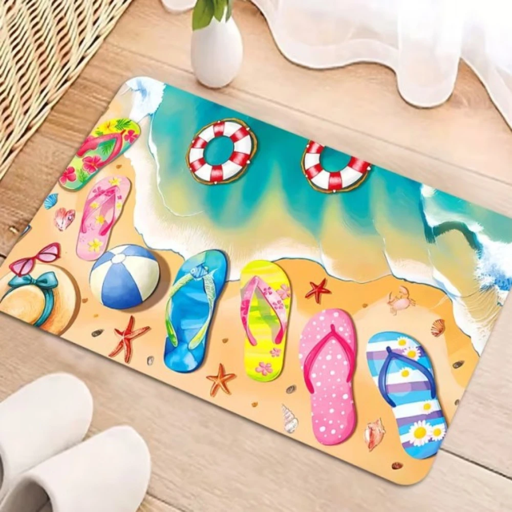 Summer Beach Flip Flop & Starfish Doormat Collection for Poolside Patio & Porch Tropical Ocean-inspired Non-slip Floor Rug