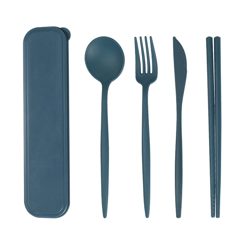 Trigo Palha Talheres Set para Crianças e Adultos, Colher, Garfo, Pauzinhos, Talheres Box, Louça, Viagem, Portátil, Acessórios de Cozinha, 4pcs
