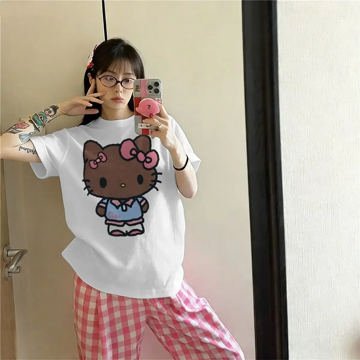 Sanrio Hello Kitty Comic Parent Child Tee Men's Women's White Retro Cool Graphic Art Print Oversized Short Sleeve Streetwear Top