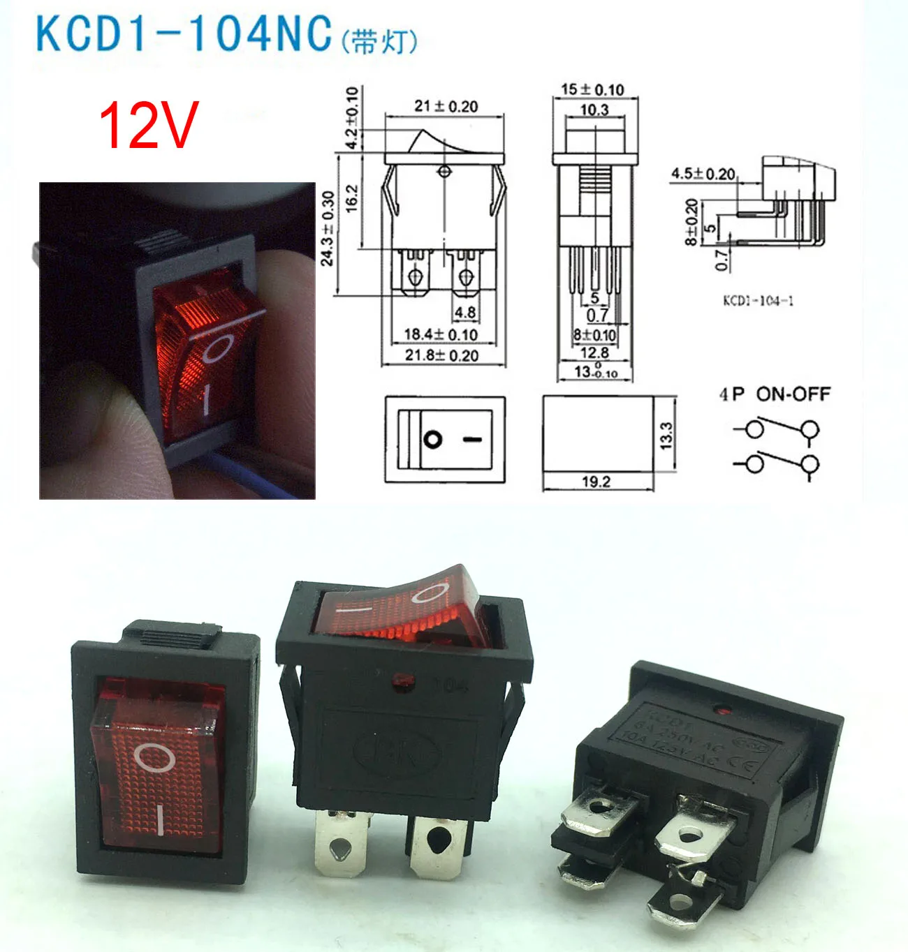 10 PCS/LOT KCD1 4-Pin 21*15mm ON-OFF Boat Car Rocker Switch 5V-12V AC/DC With Red Green Light Switch