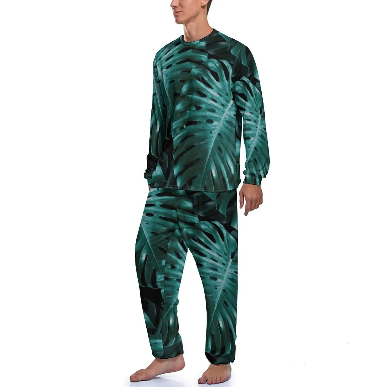 Jungle Night Leaf Pajamas Tropical Monstera Men Long Sleeve Trendy Pajama Sets 2 Pieces Casual Daily Pattern Sleepwear Gift