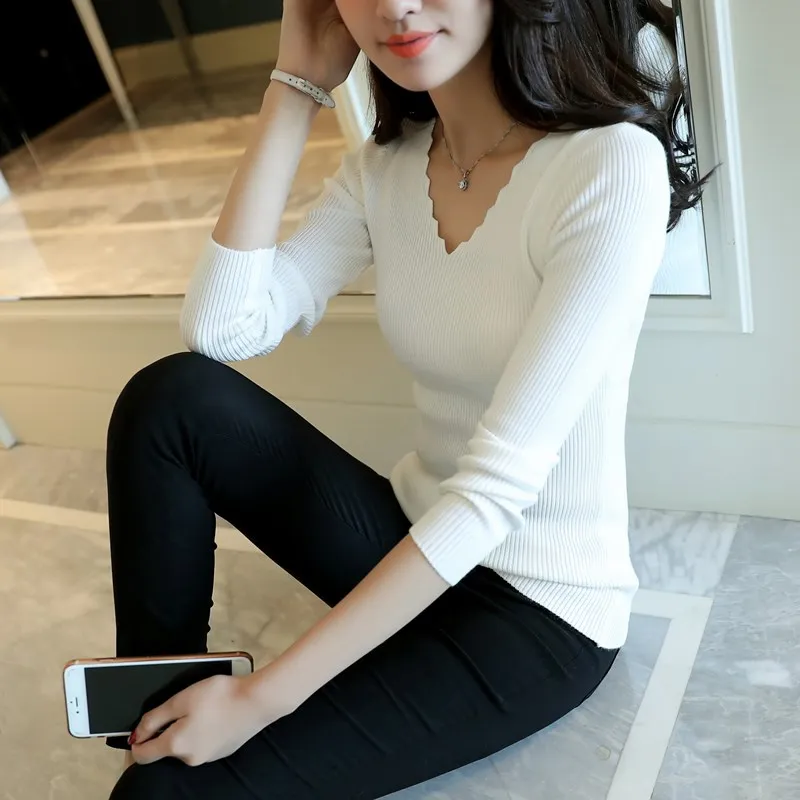 2024 Autumn Long Sleeve Sweater Winter Spring Pullover Solid Black White Knitted Sweater Top Wave Cut V-neck Basic Office 7809