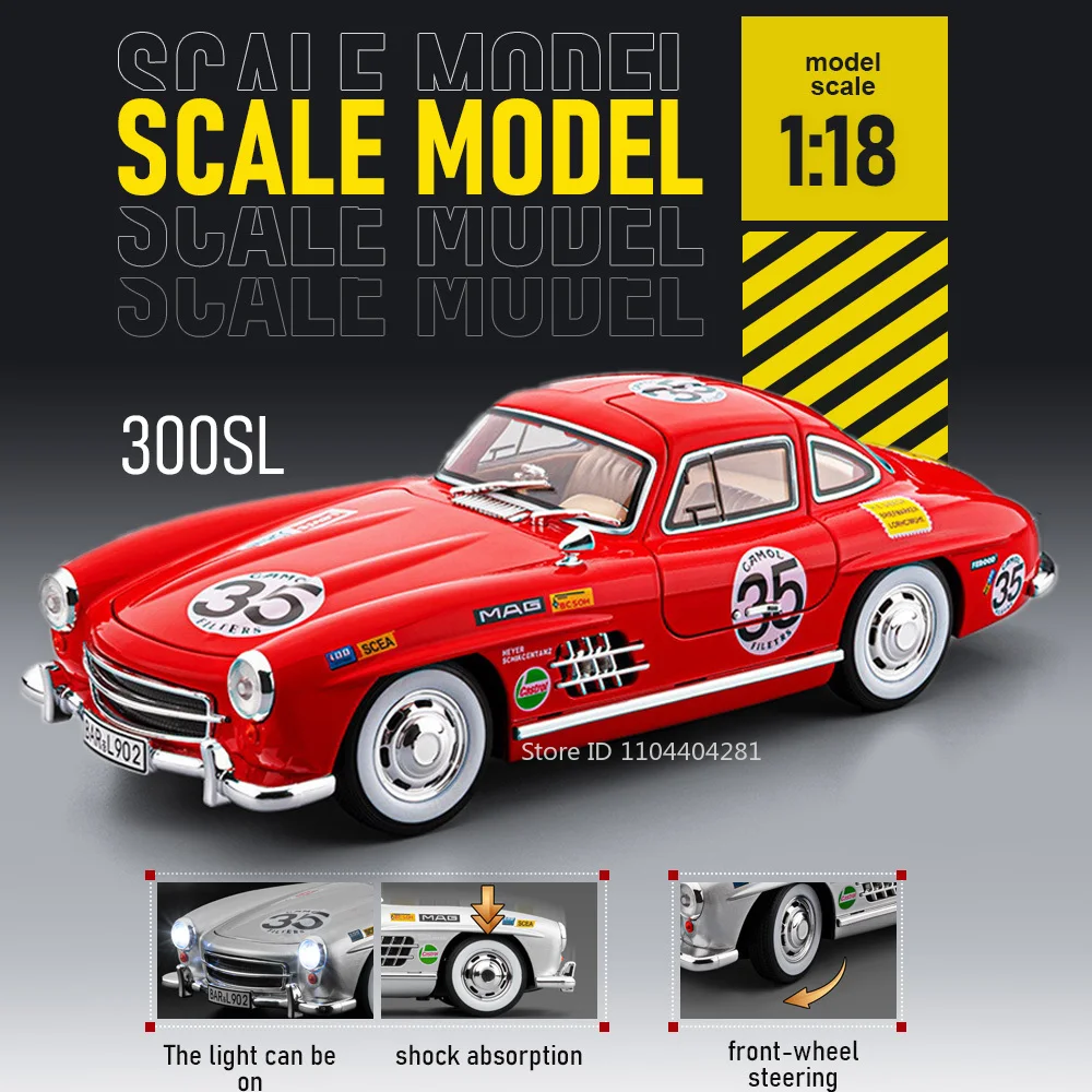 

Large Size 1:18 300SL 500K Vintage Car Diecast Alloy Model Toy Doors Opened Shock Absorption Sound Light Pull Back Cars Boy Gift