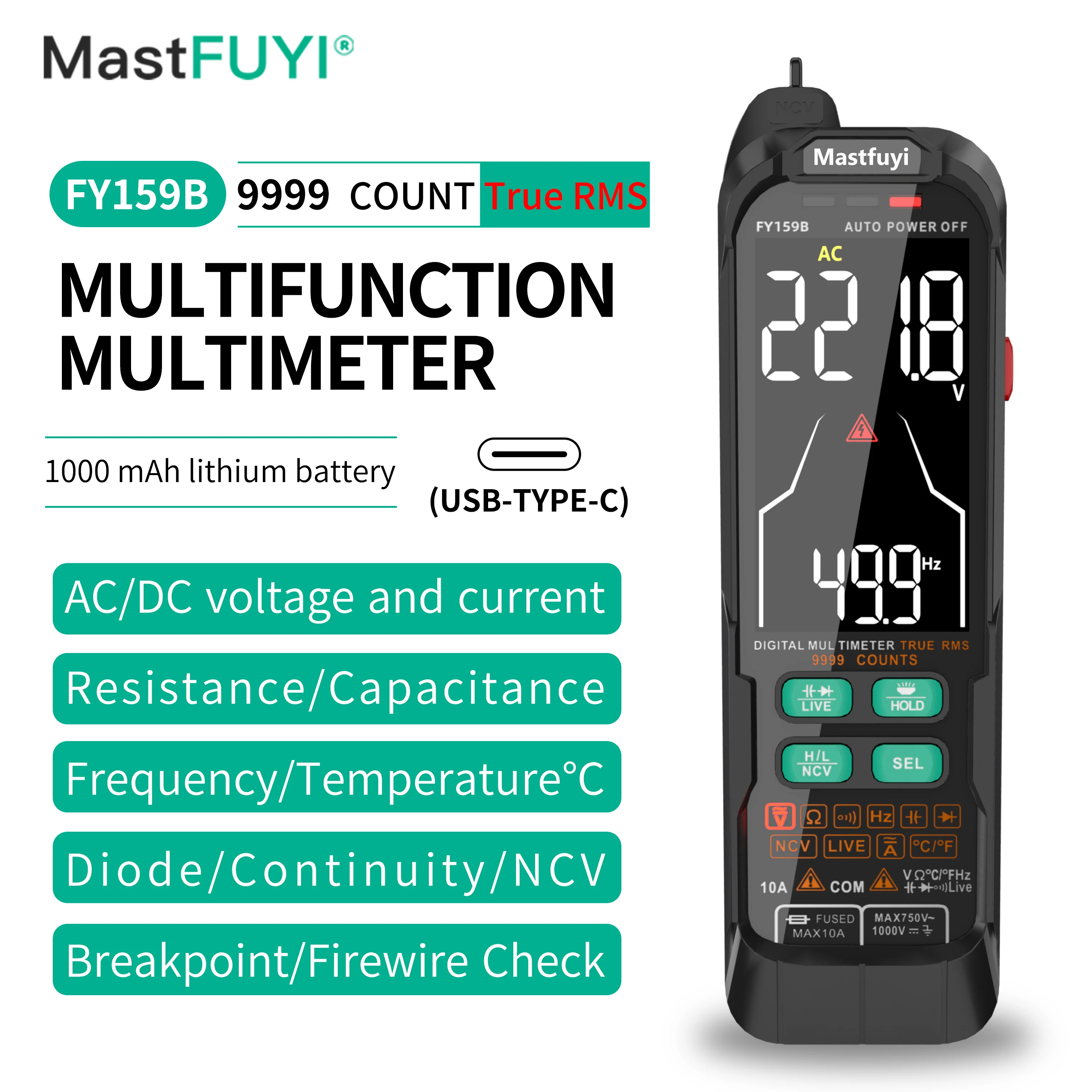 

MASTFUYI 9999 Count Professional Multimeter AC/DC Voltage Automatic Tester Ammeter Capacitor Diode Hz Detector Electrician Tool