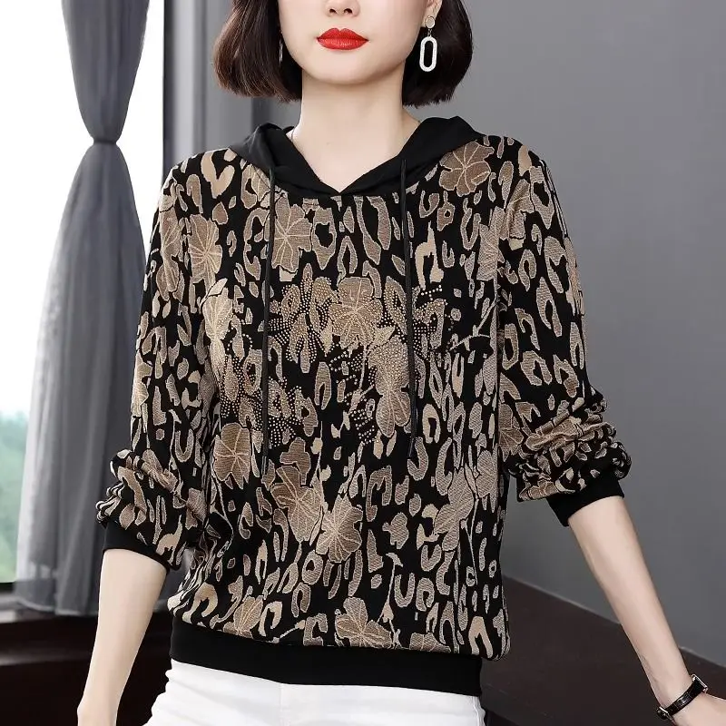 Spring Autumn Thin Hooded Loose Print Vintage Sweatshirts Long Sleeve All-match Casual Pullovers Top Fashion Trend Women Clothes