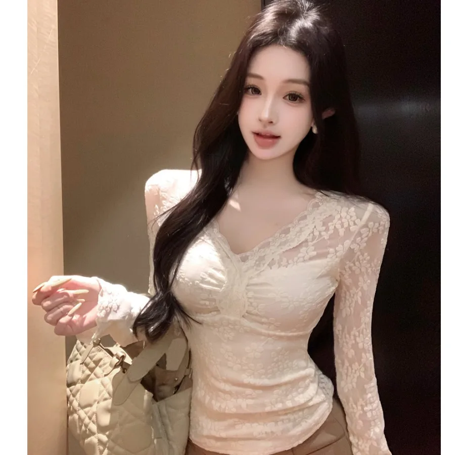 Koronkowa bluzka z dekoltem w serek, wyszczuplająca, osobowość, bielizna, czysta pożądanie, jesień-zima, nowość, ort Sve, damska F...